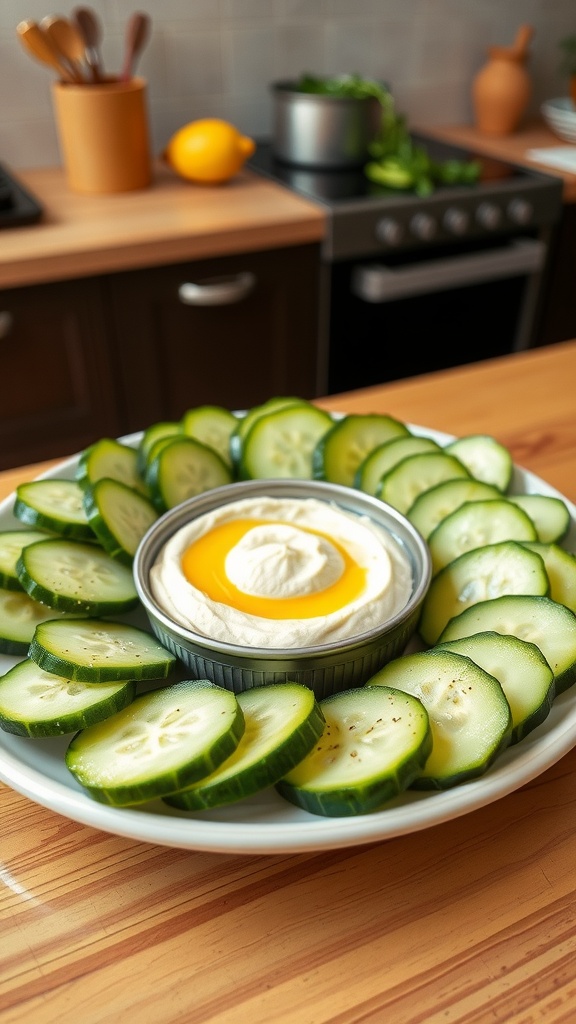 Slices of cucumber on a plate with a bowl of hummus, garnished with herbs, in a bright kitchen.